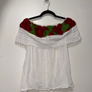 White Off-Shoulder Peasant Top with Red Rose Embroidery
